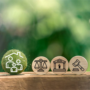 Family icon with legal symbols: scales, courthouse, gavel.