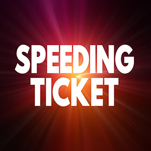 Bold white 'Speeding Ticket' text on a dark red light burst background for traffic law defense.